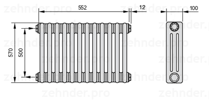 Схема (чертеж) Радиатор Zehnder Charleston 3057/12 №1270 Technoline TL